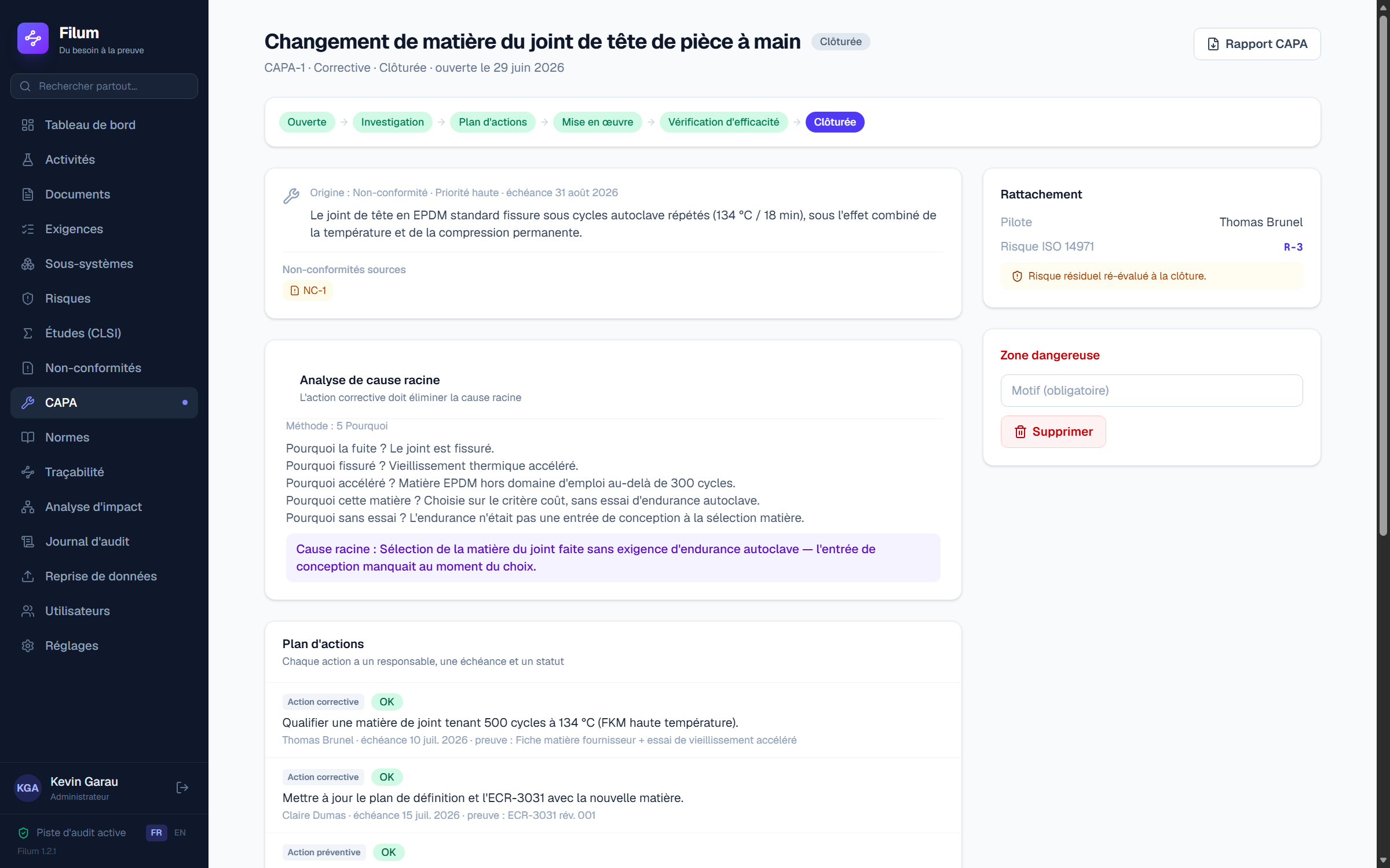 Le module NC/CAPA de Filum : CAPA-1 clôturée avec cycle de vie complet, cause racine et vérification d'efficacité