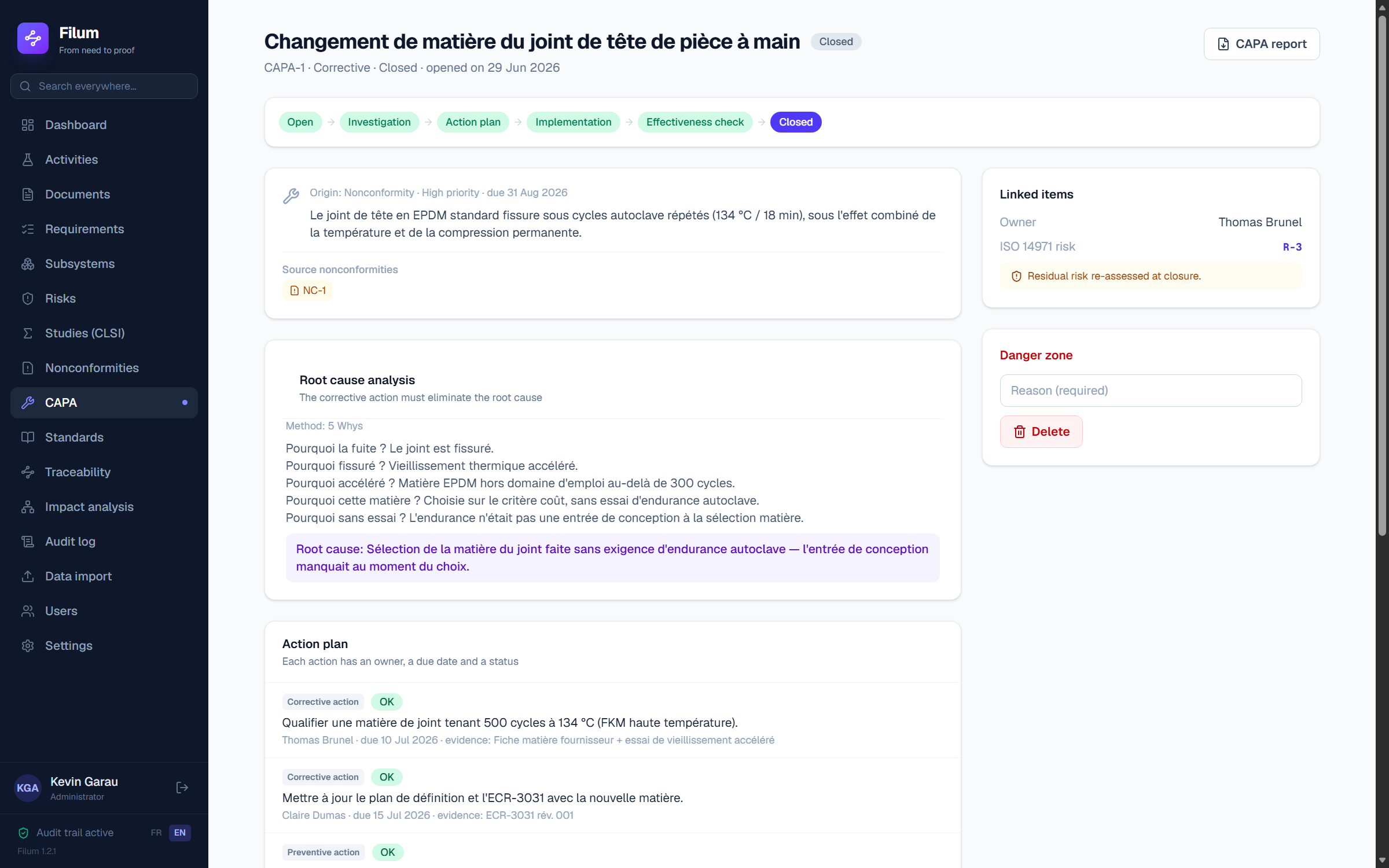 The Filum NC/CAPA module: CAPA-1 closed with its full lifecycle, root cause and effectiveness check